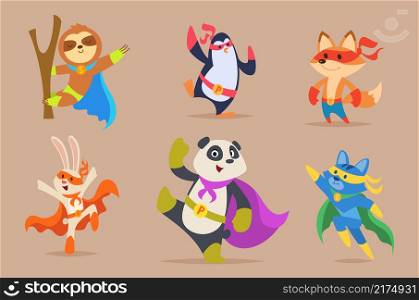 Animals superhero. Funny animals in hero clothes dogs cats strong muscles characters zoo clipart exact vector flat illustrations isolated. Superhero funny, hero costume panda, sloth and penguin. Animals superhero. Funny animals in hero clothes dogs cats strong muscles characters zoo clipart exact vector flat illustrations isolated