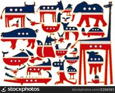 animals vector against white background, with stylized american flag; abstract vector art illustration