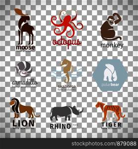 Animals vector logos, emblems and labels set in flat style isolated on transparent background. Animals flat style logos set
