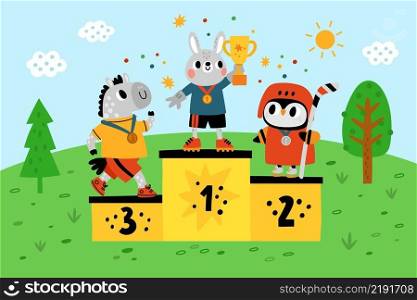 Animals winners. Cute athletes stand on podium. Competition ch&ions with trophy and medals. Gold cup award ceremony. Cartoon hare, horse and owl on winning pedestal. Sport success. Vector concept. Animals winners. Athletes stand on podium. Competition ch&ions with trophy and medals. Gold cup award ceremony. Hare, horse and owl on winning pedestal. Sport success. Vector concept