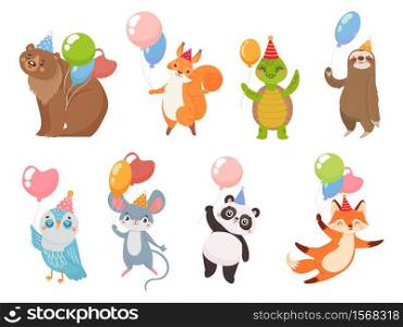 Animals with balloons. Animal greeting party with air balloons, bear and turtle, panda celebration birthday funny, vector illustration. Animals with balloons, greeting party celebration birthday