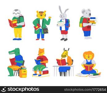 Animals with books. Cartoon characters go back to school. Cute crocodile and fox read. Funny koala or rabbit carry stacks of textbooks. Tiger and lion study. Happy creatures set. Vector education. Animals with books. Cartoon characters go back to school. Crocodile and fox read. Koala or rabbit carry stacks of textbooks. Tiger and lion study. Happy creatures set. Vector education