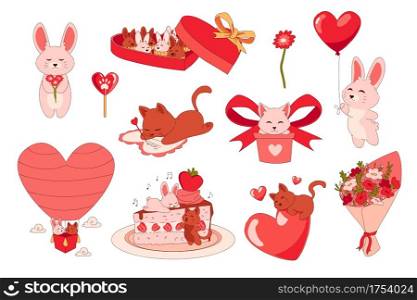 Animals with hearts. Cartoon romantic stickers. Cute bunny giving red balloon and funny kitten signing greeting card. Holiday cake and bouquet of flowers. Presents or box with candies, vector set. Animals with hearts. Cartoon romantic stickers. Cute bunny giving balloon and kitten signing greeting card. Holiday cake and bouquet of flowers. Presents or box with candies, vector set