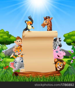 Animals with paper blank sign in forest