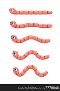 Animated cartoon worm. Animation of crawl earthworm, vector personage of video game. Sprite asset of cute pink worm animal character with funny face and smile. Animated cartoon worm, crawl earthworm animation