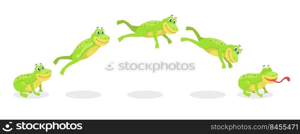 Animated jump sequence movement of frog set. Vector illustrations of small wild toad with tongue. Cartoon leap of green frog, funny animal jumping and sitting isolated on white. Movie, motion concept. Animated jump sequence movement of frog set