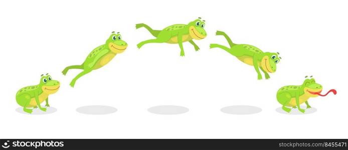 Animated jump sequence movement of frog set. Vector illustrations of small wild toad with tongue. Cartoon leap of green frog, funny animal jumping and sitting isolated on white. Movie, motion concept. Animated jump sequence movement of frog set