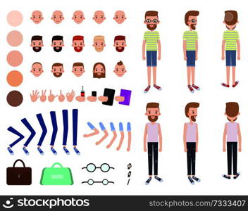 Animated man constructor head with various emotions, skin colors and hairstyles, gesture signs and accessories glasses and cases male constructor vector. Animated Man Constructor Head with Various Emotion
