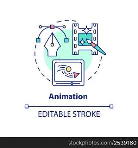 Animation concept icon. In demand skill for freelancing abstract idea thin line illustration. Creating storyboards. Isolated outline drawing. Editable stroke. Arial, Myriad Pro-Bold fonts used. Animation concept icon