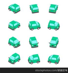 Animation of the rotation compact car in isometric view. Green car coupe with different viewing angles.
