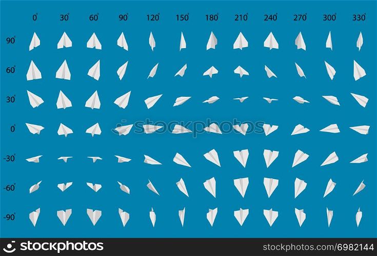 Animation of the rotation of a paper airplane. Big set of paper planes.