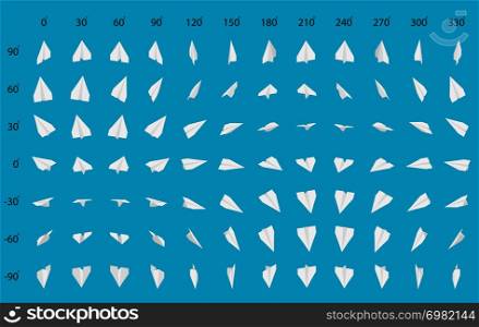 Animation of the rotation of a paper airplane. Big set of paper planes.