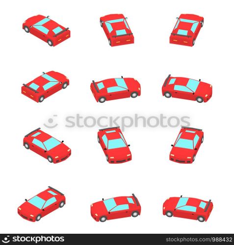 Animation of the rotation sport car in isometric view. Red car coupe with different viewing angles.