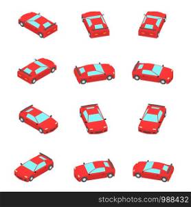 Animation of the rotation sport car in isometric view. Red car coupe with different viewing angles.