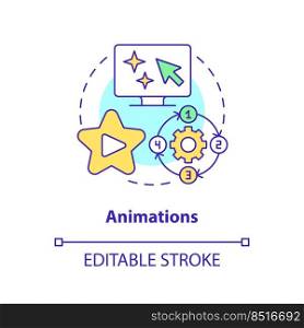 Animations concept icon. Moving drawings. Visual information. Online video method abstract idea thin line illustration. Isolated outline drawing. Editable stroke. Arial, Myriad Pro-Bold fonts used. Animations concept icon