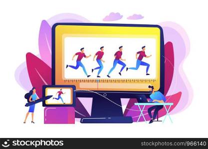Animator working on character movement. Designing frames of walking. Computer animation, cartoon video creation, make your story alive concept. Bright vibrant violet vector isolated illustration. Computer animation concept vector illustration