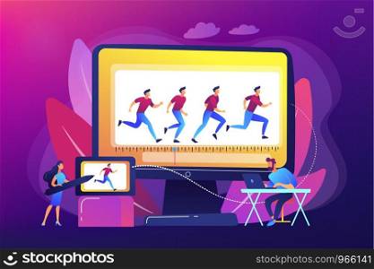Animator working on character movement. Designing frames of walking. Computer animation, cartoon video creation, make your story alive concept. Bright vibrant violet vector isolated illustration. Computer animation concept vector illustration