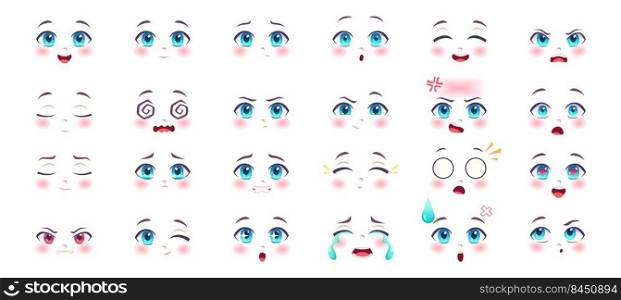 Anime expressions. Kawaii cute faces with eyes lips and nose cartoon anatomy smiling manga girls exact vector pictures set isolated. Illustration of smile emoticon and kawaii. Anime expressions. Kawaii cute faces with eyes lips and nose cartoon anatomy smiling manga girls exact vector pictures set isolated