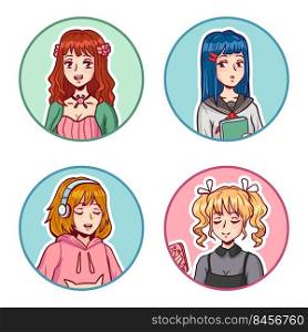 Anime girls avatars. Manga female characters wearing various cute clothes. Young teenagers doing different activities. Set of profile portraits in circles vector isolated. Smiling people. Anime girls avatars. Manga female characters wearing various cute clothes. Young teenagers doing activities