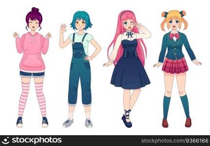 Anime girls. Beautiful japanese manga schoolgirls in uniform, lolita style dress, overalls and hoodie. Happy kawaii female poses vector set. Female cheerful characters in casual outfits. Anime girls. Beautiful japanese manga schoolgirls in uniform, lolita style dress, overalls and hoodie. Happy kawaii female poses vector set