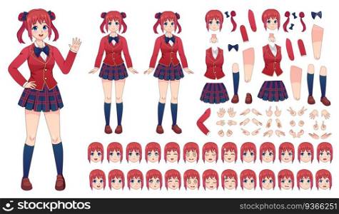 Anime girls character kit. Cartoon school girl uniform in japanese style. Kawaii manga student poses, faces, emotions and hands vector set. Illustration japanese character girl smile, kit set anime. Anime girls character kit. Cartoon school girl uniform in japanese style. Kawaii manga student poses, faces, emotions and hands vector set