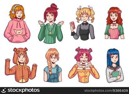 Anime girls character kit. Manga girl with smartphone, headset and book. Female teenagers in casual clothes japanese style vector set. Illustration character manga girl smile, japanese mascot. Anime girls character kit. Manga girl with smartphone, headset and book. Female teenagers in casual clothes japanese style vector set