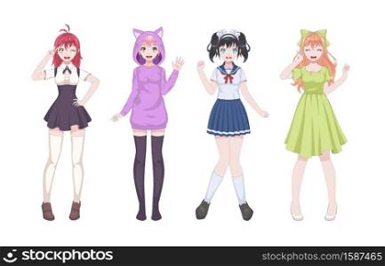 Anime girls. Manga japanese or korean style beautiful young women in school uniform, short skirt and cosplay clothes, kawaii asian teens standing vector comic female characters isolated cartoon set. Anime girls. Manga japanese style beautiful young women in school uniform, short skirt and cosplay clothes, kawaii asian teens standing vector comic female characters cartoon set
