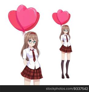 Anime manga girl are holding heart shaped balloons