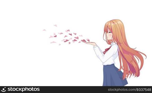 Anime manga girl blowing a kiss. Copy space