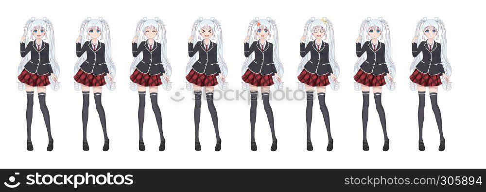 Anime manga girl, Cartoon character in Japanese style. Student girl in a black blazer, a red skirt in a cage. Set of emotions. Sprite full length character for game visual novel