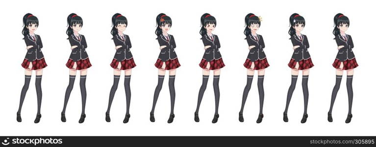 Anime manga girl, Cartoon character in Japanese style. Student girl in a black blazer, a red skirt in a cage. Set of emotions. Sprite full length character for game visual novel