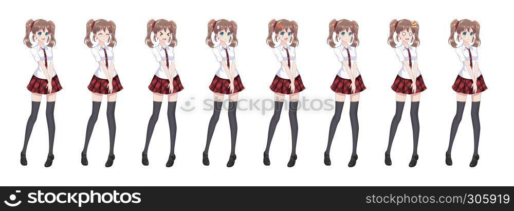 Anime manga girl, Cartoon character in Japanese style. In a white shirt, a red skirt in a cage, a tie and black stockings-tights. Set of emotions. Sprite full length character for game visual novel