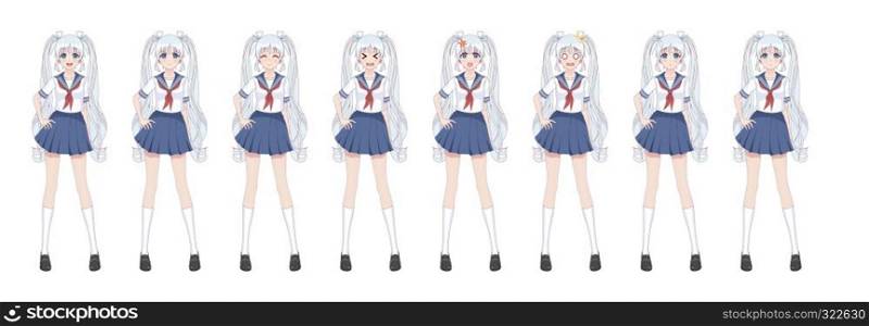 Anime manga girl, Cartoon character in Japanese style.School girl in a sailor suit, blue skirt.Set of emotions.Sprite full length character for game visual novel