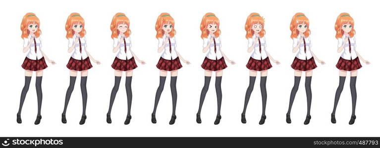 Anime manga girl, Cartoon character in Japanese style. In a white shirt, a red skirt in a cage, a tie and black stockings-tights. Set of emotions. Sprite full length character for game visual novel