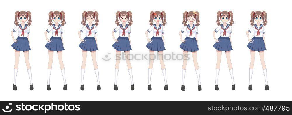 Anime manga girl, Cartoon character in Japanese style.School girl in a sailor suit, blue skirt.Set of emotions.Sprite full length character for game visual novel