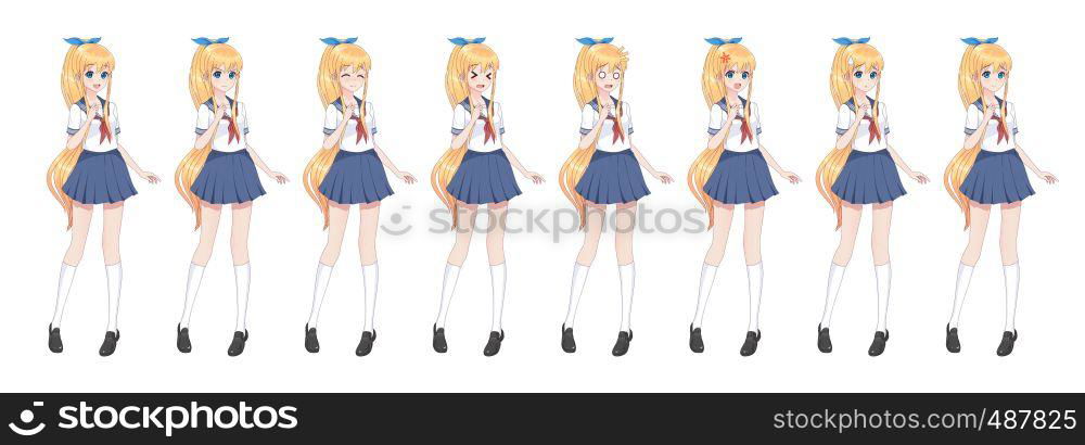 Anime manga girl, Cartoon character in Japanese style.School girl in a sailor suit, blue skirt.Set of emotions.Sprite full length character for game visual novel