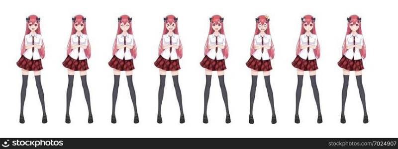 Anime manga girl, Cartoon character in Japanese style. In a white shirt, a red skirt in a cage, a tie and black stockings-tights. Set of emotions. Sprite full length character for game visual novel
