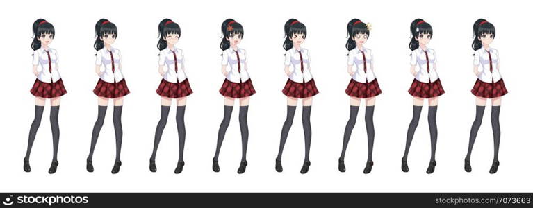 Anime manga girl, Cartoon character in Japanese style. In a white shirt, a red skirt in a cage, a tie and black stockings-tights. Set of emotions. Sprite full length character for game visual novel