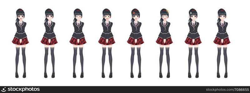 Anime manga girl, Cartoon character in Japanese style. Student girl in a black blazer, a red skirt in a cage. Set of emotions. Sprite full length character for game visual novel