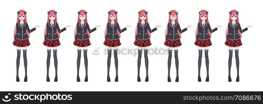 Anime manga girl, Cartoon character in Japanese style. Student girl in a black blazer, a red skirt in a cage. Set of emotions. Sprite full length character for game visual novel