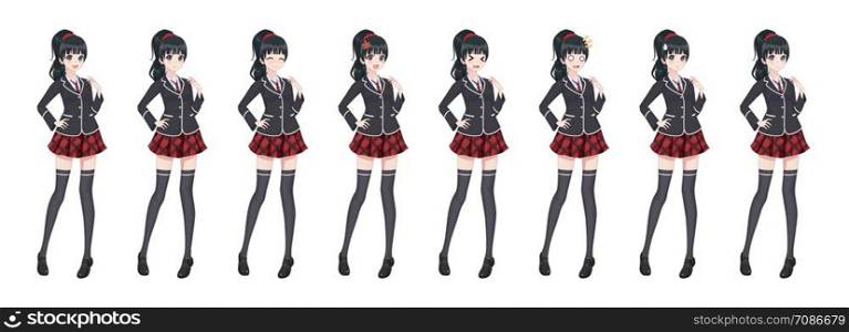 Anime manga girl, Cartoon character in Japanese style. Student girl in a black blazer, a red skirt in a cage. Set of emotions. Sprite full length character for game visual novel