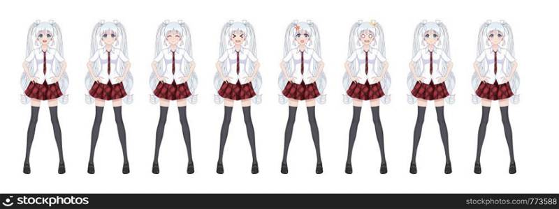 Anime manga girl, Cartoon character in Japanese style. In a white shirt, a red skirt in a cage, a tie and black stockings-tights. Set of emotions. Sprite full length character for game visual novel