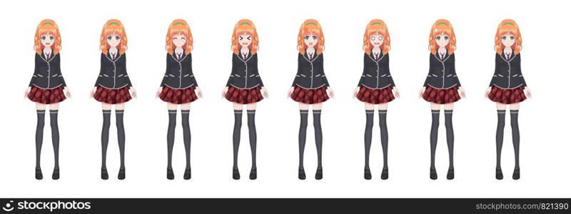 Anime manga girl, Cartoon character in Japanese style. Student girl in a black blazer, a red skirt in a cage. Set of emotions. Sprite full length character for game visual novel