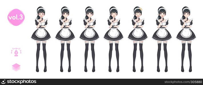 Anime manga girl, Cartoon character in Japanese style. Costume of maid cafe. Set of emotions. Sprite full length character for game visual novel