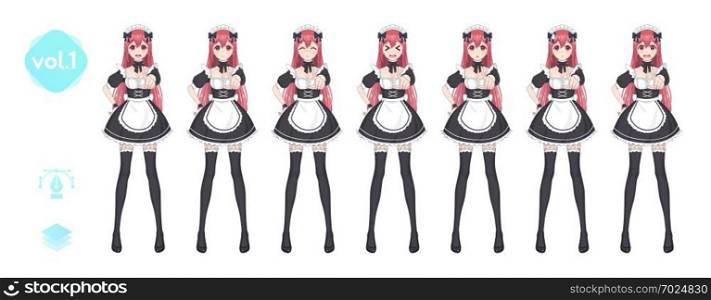 Anime manga girl, Cartoon character in Japanese style. Costume of maid cafe. Set of emotions. Sprite full length character for game visual novel