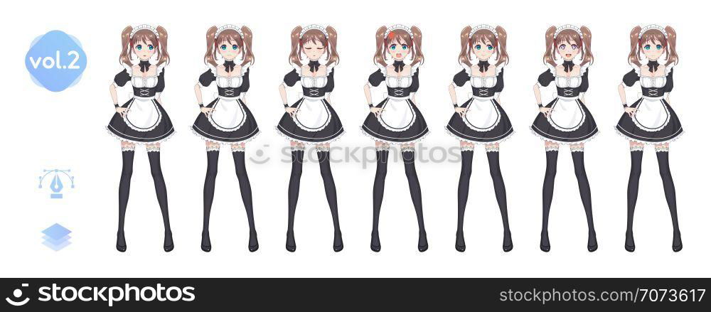 Anime manga girl, Cartoon character in Japanese style. Costume of maid cafe. Set of emotions. Sprite full length character for game visual novel