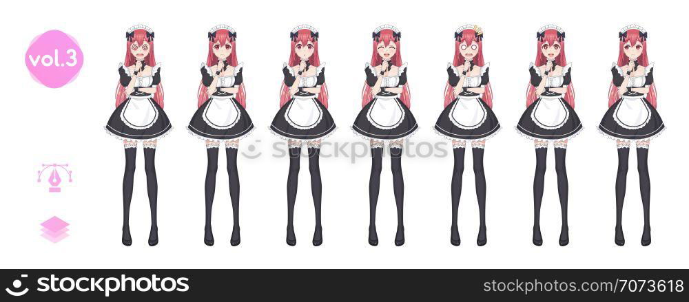 Anime manga girl, Cartoon character in Japanese style. Costume of maid cafe. Set of emotions. Sprite full length haracter for game visual novel