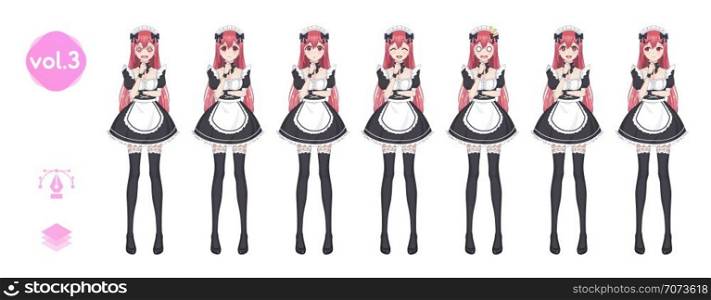 Anime manga girl, Cartoon character in Japanese style. Costume of maid cafe. Set of emotions. Sprite full length haracter for game visual novel