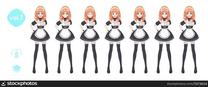 Anime manga girl, Cartoon character in Japanese style. Costume of maid cafe. Set of emotions. Sprite full length haracter for game visual novel