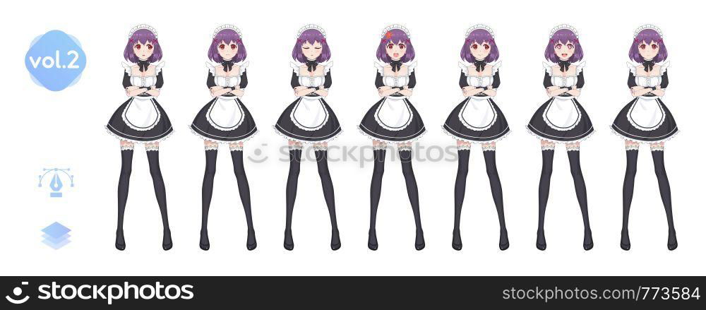 Anime manga girl, Cartoon character in Japanese style. Costume of maid cafe. Set of emotions. Sprite full length character for game visual novel